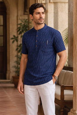 Ikat Cotton Men's Short Kurta With Front Pocket 10076953