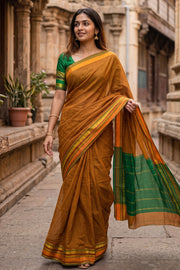 Kanjivaram Vegan Viscose Silk Saree Browny Orange Color and Traditional Design 10075543