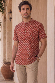 Red Ajrakh Cotton Men's Short Kurta With Front Pocket 10077154