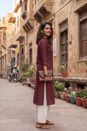 Maroon Handcrafted Solid Style Cotton Kurta 10077456