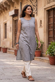 Grey Handcrafted Stripes Cotton Sleveless Kurta 10077463