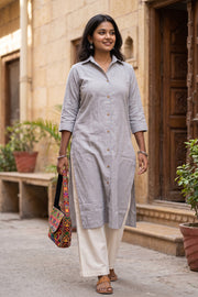 Grey Handcrafted Solid Style Oxford Cotton Kurta 10077446