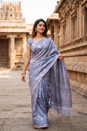 Grey Dragonfly Motifs Chanderi Printed Silk Cotton Saree 10075929