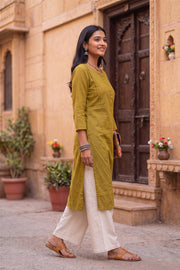 Leaf Green Handcrafted Stripes Cotton Kurta 10077465