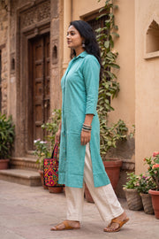 Aqua Blue Handcrafted Solid Style Oxford Cotton Kurta 10077450