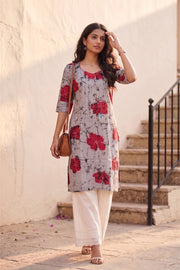Grey Batik Hand Painted Women Kurta 10077493