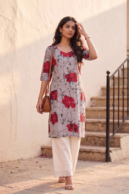 Grey Batik Hand Painted Women Kurta 10077493