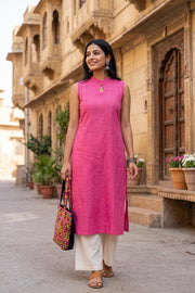 Pink Handcrafted Solid Style Oxford Sleeveless Cotton Kurta 10077445