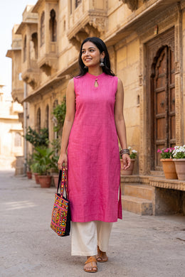 Pink Handcrafted Solid Style Oxford Sleeveless Cotton Kurta 10077445