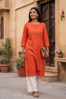 Bright Orange Handcrafted Stripes Cotton Kurta 10077464