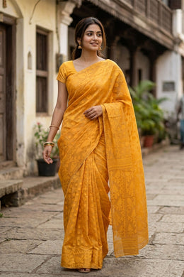 Yellow Handloom Jamdani Cotton Saree 10077548