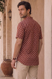 Red Ajrakh Cotton Men's Short Kurta With Front Pocket 10077154