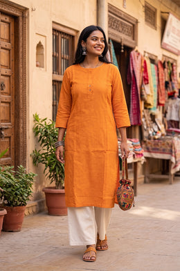 Orange Handcrafted Cotton Stripes Kurta 10077462