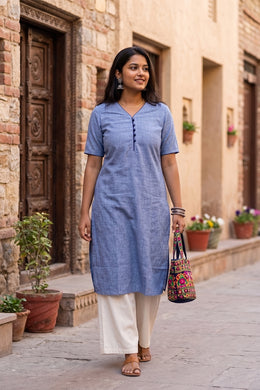 Blue Handcrafted Solid Style Oxford Cotton Kurta 10077442