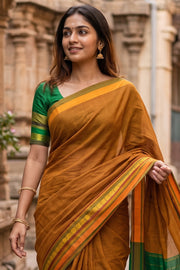 Kanjivaram Vegan Viscose Silk Saree Browny Orange Color and Traditional Design 10075543