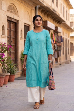 Aqua Blue Handcrafted Solid Style Oxford Cotton Kurta 10077459