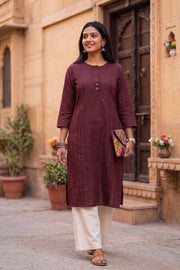 Maroon Handcrafted Stripes Cotton Kurta 10077468