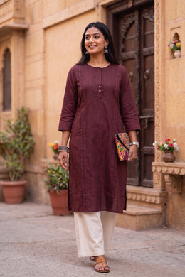 Maroon Handcrafted Stripes Cotton Kurta 10077468