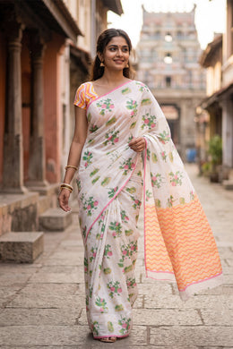 White Printed Chanderi Saree 10064679