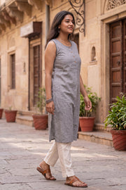 Grey Handcrafted Stripes Cotton Sleveless Kurta 10077463