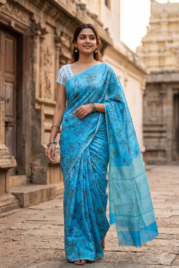 Blue Parrot Motifs Chanderi Printed Silk Cotton Saree 10075927