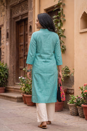 Aqua Blue Handcrafted Solid Style Oxford Cotton Kurta 10077450