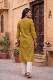 Leaf Green Handcrafted Stripes Cotton Kurta 10077465