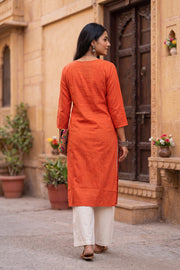 Bright Orange Handcrafted Stripes Cotton Kurta 10077464