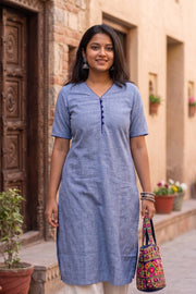 Blue Handcrafted Solid Style Oxford Cotton Kurta 10077442