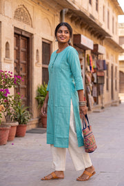Aqua Blue Handcrafted Solid Style Oxford Cotton Kurta 10077459