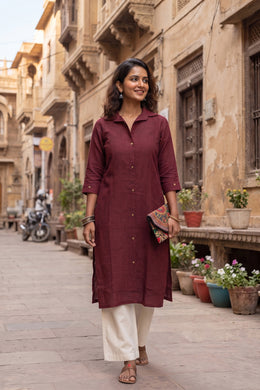 Maroon Handcrafted Solid Style Cotton Kurta 10077456