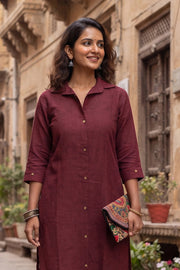 Maroon Handcrafted Solid Style Cotton Kurta 10077456