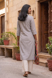 Grey Handcrafted Solid Style Oxford Cotton Kurta 10077446