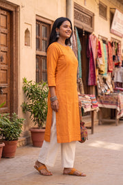 Orange Handcrafted Cotton Stripes Kurta 10077462