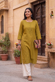 Leaf Green Handcrafted Stripes Cotton Kurta 10077465