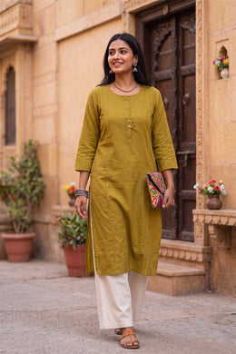 Leaf Green Handcrafted Stripes Cotton Kurta 10077465