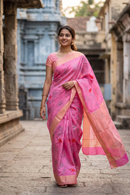 Pink Parrot Motifs Chanderi Printed Silk Cotton Saree 10075926