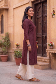 Maroon Handcrafted Stripes Cotton Kurta 10077468