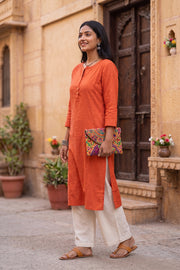 Bright Orange Handcrafted Stripes Cotton Kurta 10077464