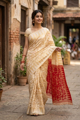 Light Gold Handloom Jamdani Cotton Saree With Floral Motifs 10077546
