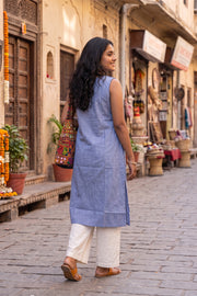 Blue Handcrafted Solid Style Sleeveless Cotton Kurta 10077453