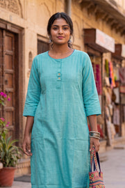 Aqua Blue Handcrafted Solid Style Oxford Cotton Kurta 10077459