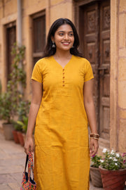 Yellow Handcrafted Solid Style Oxford Cotton Kurta 10077452