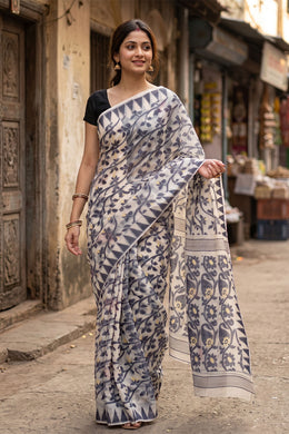 White Handloom Jamdani Cotton Saree with Floral Motifs 10077545