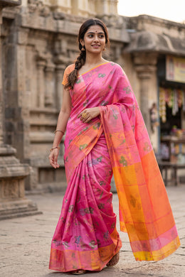 Pink Parrot Motifs Chanderi Printed Silk Cotton Saree 10075925