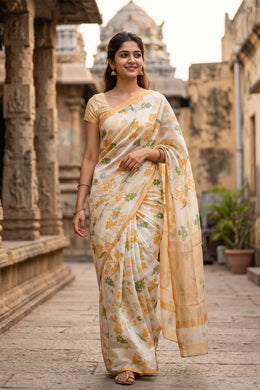 Pearl Cloud Cream Chanderi Printed Silk Cotton Saree 10075924