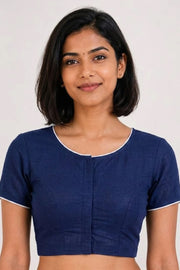 Blue Handcrafted Slub Cotton Solid Style Blouse 10073185