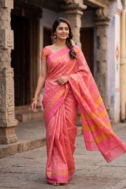 Pink Hand Block Printed Chanderi Saree 10049153