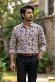 Cream Full Sleeve Ajrakh Printed Cotton Mens Shirt 10071160