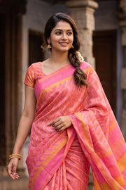 Pink Hand Block Printed Chanderi Saree 10049153